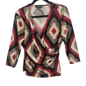 Lauren Ralph Lauren Women’s 3/4 Sleeves Southwest Wrap Front Jersey Top Size L